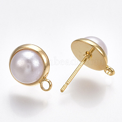 Brass Stud Earring Findings, with Loop & ABS Plastic Imitation Pearl, Half Round, Real 18K Gold Plated, 12.5x10mm, Hole: 1.8mm, Pin: 0.8mm(KK-T038-287G)