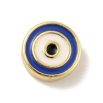 Brass Beads, with Enamel, Cadmium Free & Lead Free, Long-Lasting Plated, Flat Round with Evil Eye, Real 18K Gold Plated , Blue, 10x4mm, Hole: 1.2mm