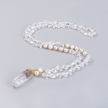 Natural Quartz Crystal Pendant Necklaces, with Pearl and Brass Findings, Bullet, 31.5 inch~32.3 inch(80~82cm), Pendant: 45~55x15x10mm