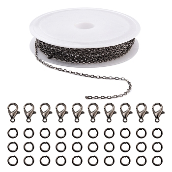 DIY 3m Brass Cable Chain Jewelry Making Kit, with 30Pcs Iron Open Jump Rings with 10Pcs Zinc Alloy Lobster Claw Clasps, Gunmetal, Chain Link: 2x1.8x0.2mm