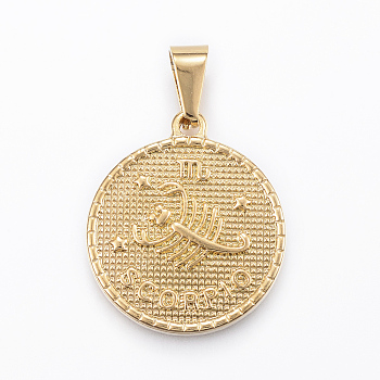 Real 18K Gold Plated 304 Stainless Steel Pendants, Flat Round with Twelve Constellation/Zodiac Sign, Scorpio, 29x25x3.2mm, Hole: 9x4.5mm