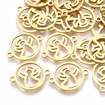 201 Stainless Steel Links connectors, Laser Cut Links, Flat Round with Angel, Golden, 20x15x1mm, Hole: 1.6mm