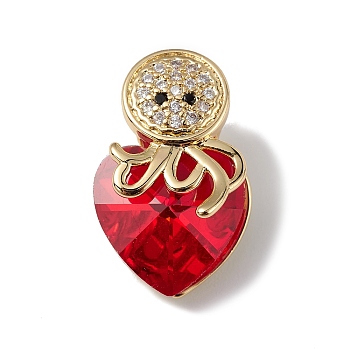 Real 18K Gold Plated Rack Plating Brass Micro Pave Cubic Zirconia Pendants, with Glass, Long-Lasting Plated, Cadmium Free & Lead Free, Octopus & Heart, Red, 20x11.5x10mm, Hole: 4x4mm