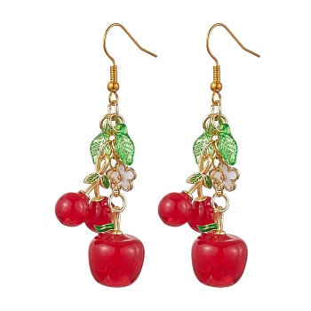 Red Glass Dangle Earrings, Cluster Earrings, Cherry, 60x13.5mm