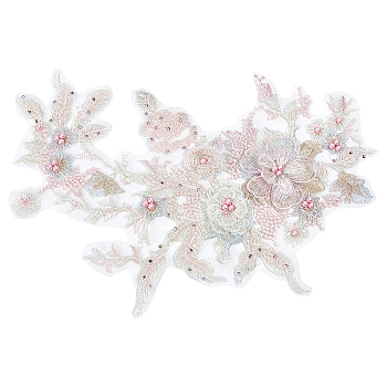 3D Flower Organgza Polyester Embroidery Ornament Accessories, Applique Patch, Sewing Craft Decoration, with Imitation Pearl Beads, Pale Green, 350x290x1.5~6mm