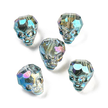 Electroplate Transparent Handmade Lampwork Beads, Faceted Skull, Cyan, 15~15.5x13~13.5x14~14.5mm, Hole: 1.6mm, 5pcs/bag