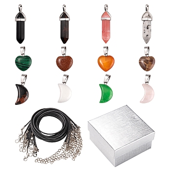 DIY Gemstone Necklace Making Kit, Including Heart & Moon & Bullet Natural & Synthetic Mixed Stone Pendants, Waxed Cord Necklace Making, 25Pcs/set