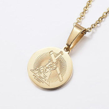 304 Stainless Steel Pendant Necklaces, For Easter, Flat Round with Jesus and Cross, Golden, 17.7 inch(45cm), 1.5mm