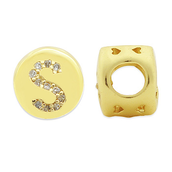Brass Micro Pave Clear Cubic Zirconia Beads, Flat Round with Letter, Letter.S, 7.5x6.5mm, Hole: 3.5mm, 3pcs/bag
