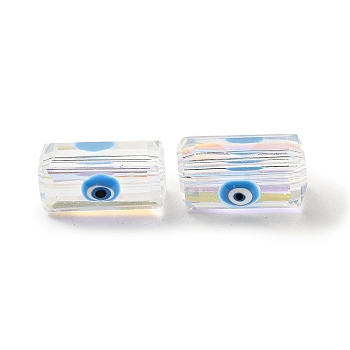 Transparent Glass Beads, with Enamel, Rectangle with Evil Eye Pattern, Deep Sky Blue, 12.5x8x7mm, Hole: 1.5mm