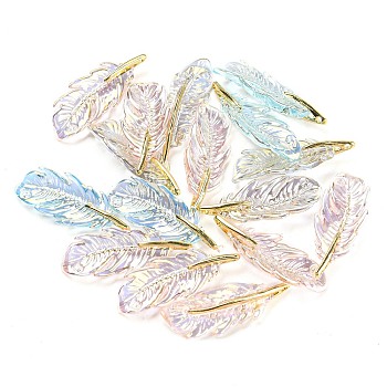 Acrylic Imitation Shell Pendants, with Alloy Findings, Feather, Mixed Color, 35.5x13.5x6.5mm, Hole: 1.4mm