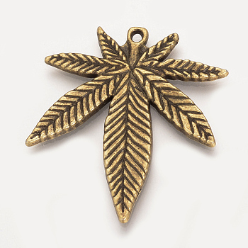 Tibetan Style Alloy Pendants, Pot Leaf/Hemp Leaf Shape, Weed Charms, Cadmium Free & Lead Free, Antique Bronze, 39x33.5x2mm, Hole: 1.5mm