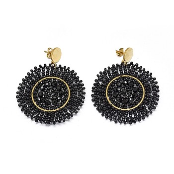 Handmade Woven Glass Beads Dangle Stud Earrings, with 304 Stainless Steel Findings and Ear Nuts/Earring Back, Flat Round, Golden, Black, 57mm, Pin: 0.6mm