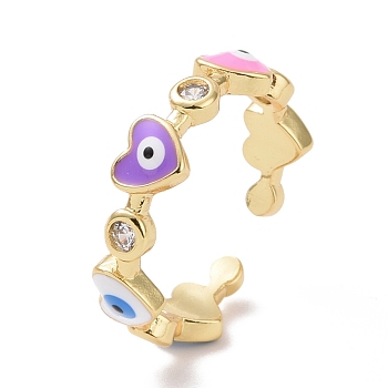Colorful Enamel Heart Evil Eye & Cubic Zirconia Open Cuff Ring, Brass Jewelry for Women, Cadmium Free & Lead Free, Real 18K Gold Plated, US Size 8(18.1mm)