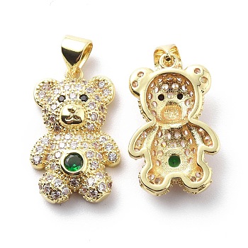 Brass Cubic Zirconia Pendants, Bear Charm, Real 18K Gold Plated, Dark Green, 21.5x13.5x5.5mm, Hole: 3.5x4.5mm