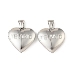 316 Stainless Steel Locket Pendants, Heart with Word Te Amo Charm, with 304 Stainless Steel Snap on Bails, Stainless Steel Color, 28.5x28.5x7.5mm, Hole: 8.5x4.5mm, Inner Diameter: 21.5x20.5mm(STAS-K321-21P)
