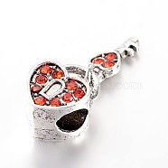 Heart Lock & Key Large Hole Alloy Rhinestone European Beads, Antique Silver, Hyacinth, 26mm, Hole: 4.5mm(X-CPDL-E029-20AS)