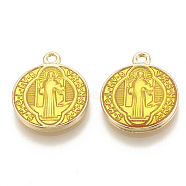 Brass Enamel Pendants, Long-Lasting Plated, Flat Round with Saint Benedict, Golden, Gold, 18x15x2mm, Hole: 1.5mm(KK-S345-178E)