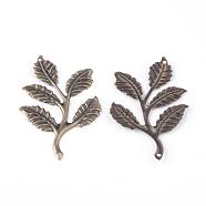 Iron Links, Etched Metal Embellishments, Leafy Branch and Leaves, Antique Bronze, 50.5x31.5x1mm, Hole: 1mm(IFIN-Q118-44AB)