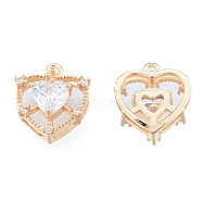 Brass Micro Pave Clear Cubic Zirconia Charms, Cadmium Free & Nickel Free & Lead Free, Heart, Real 18K Gold Plated, 12x10x5mm, Hole: 1mm(KK-N216-560LG)