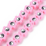Handmade Polymer Clay Bead Strands, Flower with Yin Yang, Pearl Pink, 7~9x7~9x4~5mm, Hole: 1.2~1.4mm, about 40pcs/strand, 12.24 inch~12.80 inch(31.1cm~32.5cm)(CLAY-S096-032F)