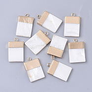 Electroplate Freshwater Shell Pendants, with Top Golden Plated Brass Loops and Half Drilled, Rectangle, Seashell Color, 24x15x3mm, Hole: 0.8~1.8mm(X-SHEL-S276-63)