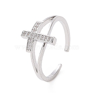 Brass Micro Pave Cubic Zirconia Rings, Open Cuff Ring, Religion Cross Ring for Women, Platinum, 1.5mm, Inner Diameter: 18mm(RJEW-E072-01P)