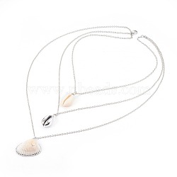 316 Surgical Stainless Steel Tiered Necklaces, 3 Layer Necklaces, with Shell and Cowrie Shell Beads, Stainless Steel Color, 16.33 inch(41.5cm)(NJEW-JN02298)