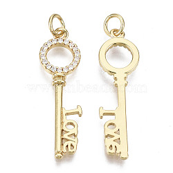 Brass Micro Pave Clear Cubic Zirconia Pendants for Valentine's Day, with Jump Ring, Nickel Free, Key with Word LOVE, Real 16K Gold Plated, 30x8.5x2mm, Jump Ring: 5x1mm, 3mm inner diameter(ZIRC-N039-089-NF)