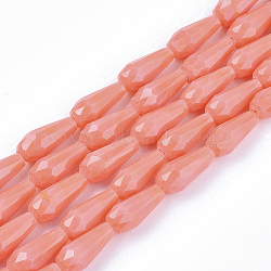 Opaque Solid Color Glass Beads Strands, Imitation Jade, Faceted, Teardrop, Light Salmon, 9~10x4mm, Hole: 1mm, about 70~72pcs/Strand, 63~67cm(GLAA-T009-001C)