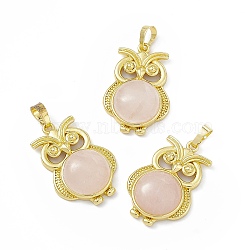 Natural Rose Quartz Pendants, Owl Charms, with Golden Tone Rack Plating Brass Findings, Cadmium Free & Lead Free, 35x23.5x9mm, Hole: 8x4.5mm(G-H283-03A)