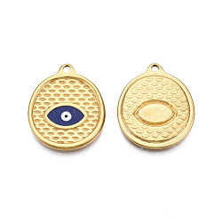 304 Stainless Steel Enamel Pendants, Real 18K Gold Plated, Oval with Evil Eye, Dark Blue, 24x20x2mm, Hole: 1.8mm(STAS-N092-146B)