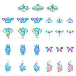 54Pcs 9 Style Ion Plating(IP) 201 Stainless Steel Filigree Pendants, Etched Metal Embellishments, Mixed Shapes, Rainbow Color, 21.5~58x23~48x0.2~0.3mm, Hole: 1.2~2.5mm, 6pcs/style(STAS-DC0014-74)