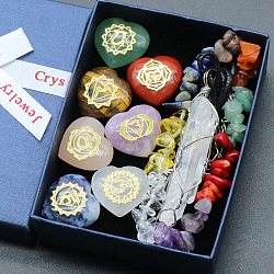7 Chakras Heart-Shaped Healing Crystals Set, with Engraved Symbols Necklace Chakra Stones Bracelet, for Spiritual Meditation, 50~65x12~18mm(DJEW-PW0024-01)