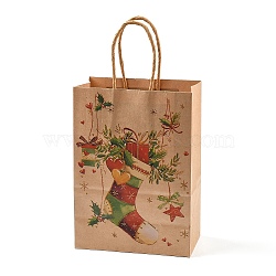 Christmas Theme Printed Kraft Paper Bags with Handles, Rectangle Gift Bags, Shopping Bags, Christmas Socking, 20.7x15x0.8cm(ABAG-M008-08B)