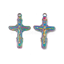 Ion Plating(IP) 304 Stainless Steel Pendants, Crucifix Cross Charm, Rainbow Color, 37x20x2mm, Hole: 2.8mm(STAS-B031-29R)