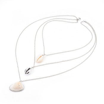 316 Surgical Stainless Steel Tiered Necklaces, 3 Layer Necklaces, with Shell and Cowrie Shell Beads, Stainless Steel Color, 16.33 inch(41.5cm)