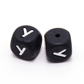Silicone Beads, Cube with Letter.Y, Black, 12x12x12mm, Hole: 2mm