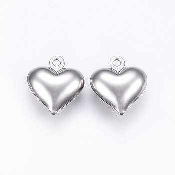 304 Stainless Steel Charms, Puffed Heart, Stainless Steel Color, 13x11.5x4.5mm, Hole: 1.2mm