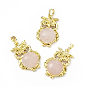Natural Rose Quartz Pendants, Owl Charms, with Golden Tone Rack Plating Brass Findings, Cadmium Free & Lead Free, 35x23.5x9mm, Hole: 8x4.5mm
