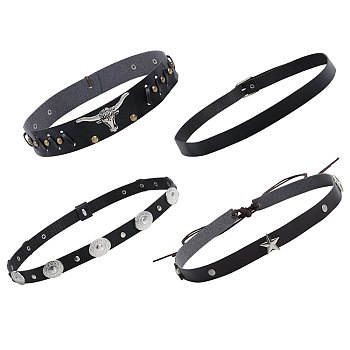 4Pcs 4 Styles Imitation Leather Straw Hat Belt, with Alloy Clasp Buckle, Overlay Hat Band for Hat Accessories, Black, 590~1260x15~30.5x1~7mm, 1pc/style