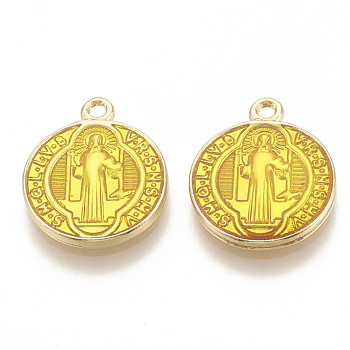 Brass Enamel Pendants, Long-Lasting Plated, Flat Round with Saint Benedict, Golden, Gold, 18x15x2mm, Hole: 1.5mm