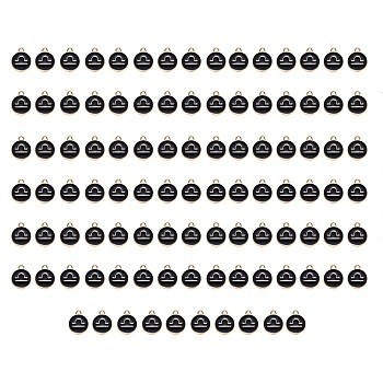 Alloy Enamel Pendants, Flat Round with Constellation, Light Gold, Black, Libra, 15x12x2mm, Hole: 1.5mm, 100pcs/Box
