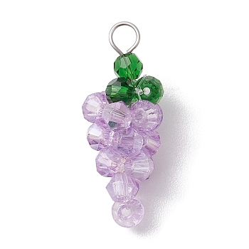 Glass Pendnats, with 304 Stainless Steel Finding, Grape Charms, Lilac, 29.5x11.5mm, Hole: 3.5mm