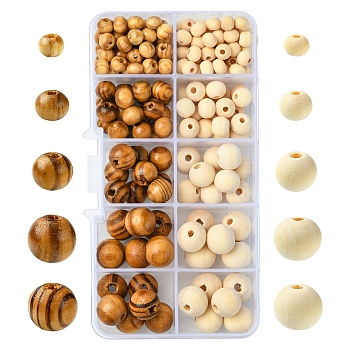 192Pcs Natural Unfinished Wood Beads, Round Wooden Loose Beads Spacer Beads for Craft Making, Macrame Beads, Round, Mixed Color, 6~12x5~10.5mm, Hole: 2~3.5mm, 8 style/set