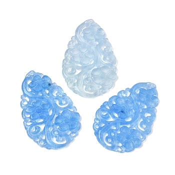 Natural Quartz Carved Pendants, Teardrop Charms, Dyed, Blue, 33~33.5x21.5x2.5~3mm, Hole: 0.8mm