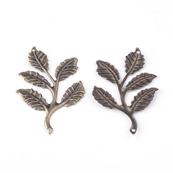 Iron Links, Etched Metal Embellishments, Leafy Branch and Leaves, Antique Bronze, 50.5x31.5x1mm, Hole: 1mm