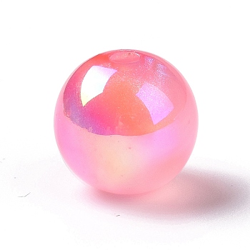 UV Plating Rainbow Iridescent Acrylic Beads, with Glitter Powder, Round, Hot Pink, 12.5~13mm, Hole: 2.5mm
