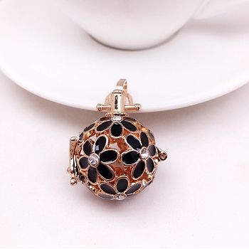 Brass Enamel Hollow Cage Locket Pendant, with Rhinestones, Round with Flower Charm, Black, 21mm