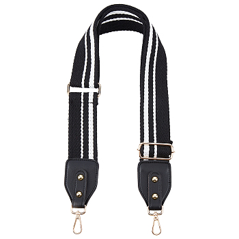 Stripe Pattern Cotton Fabric & PU Leather Bag Straps, with Alloy Swivel Clasps, Bag Replacement Accessories, Black, 86~130x5~5.6cm